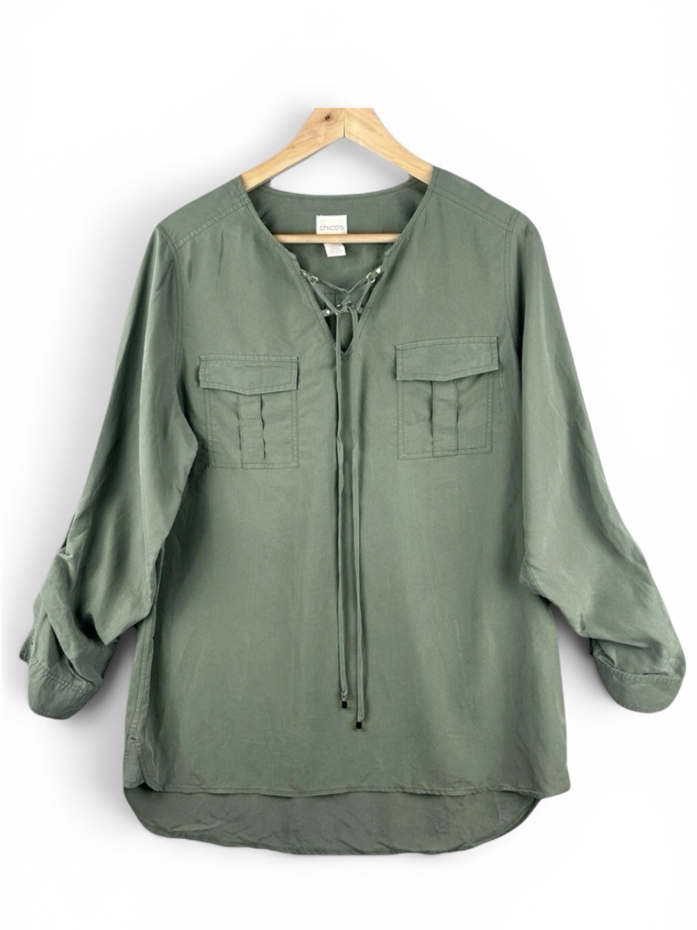 Chico's Sage Green Lace-Up Pocket Tunic